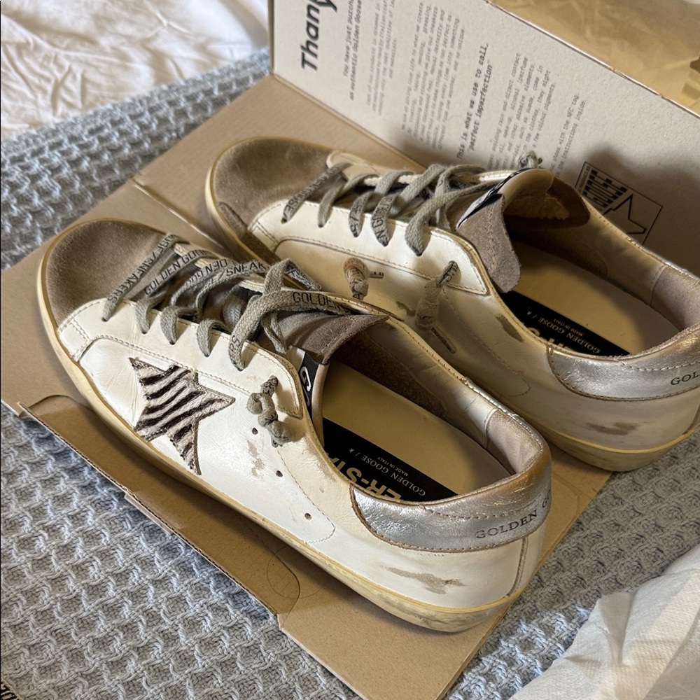 Golden Goose Cream and Tan Sneakers with Zebra Accent
